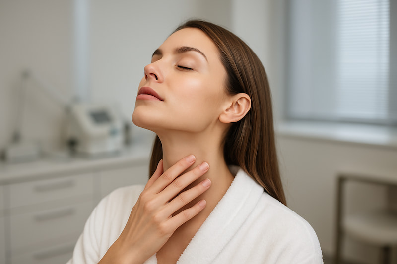 Woman touching neck with chin raised in clinic — jawline contouring concept
